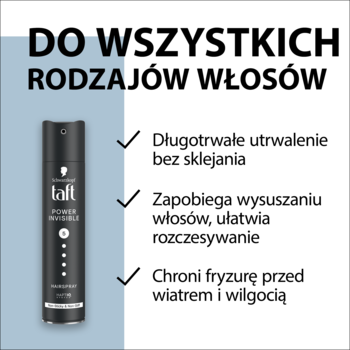 Czarny lakier Taft Power Invisible, widok z przodu, z tekstem 'do wszystkich rodzajów włosów' i opisem.