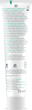 Biała tubka pasty do zębów elmex Sensitive Gentle White 75ml, widok z tyłu, czytelny skład i symbole recyklingu.