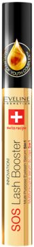 Eveline Cosmetics SOS Lash Booster Multi Purpose Eyelash Serum w złotej tubie z czarnym topem, widok frontalny.