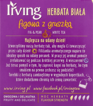 Tył fioletowego opakowania herbaty Irving Biała Figowa z Gruszką z opisem produktu i informacjami o mocy.