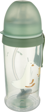 Bidon Canpol z rurką i odważnikiem, przezroczysto-zielony kubek niekapek z grafiką kaczki, przód.