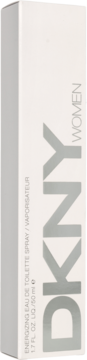 Białe pudełko DKNY Energizing Eau de Toilette 50ml, widok z przodu, pionowy szary napis DKNY WOMEN.