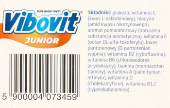 Tył białej saszetki Vibovit Junior z niebiesko-pomarańczowym logo, listą składników i czarnym kodem kreskowym.