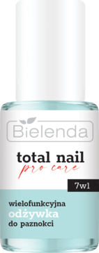 Bielenda Total Nail Pro Care 7w1 wielofunkcyjna odżywka do paznokci w przezroczystej butelce z błękitnym płynem, widok z przodu.