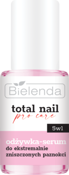 Bielenda Total Nail Pro Care 5w1 odżywka-serum do paznokci, biała butelka z różowym akcentem, widok z przodu.
