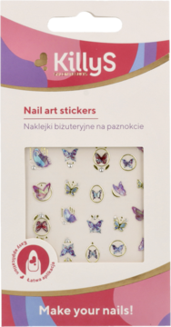 Białe opakowanie naklejek KillyS Nail art stickers z motywem kolorowych motyli, widok z przodu.