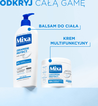 Dwa produkty Mixa Ceramide Protect: biały balsam do ciała z pompką i krem multifunkcyjny w słoiku, na niebieskim tle.