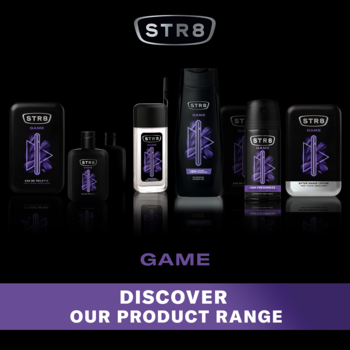 STR8 GAME men's fragrance collection: black and silver bottles with purple details, displayed on a reflective surface.
