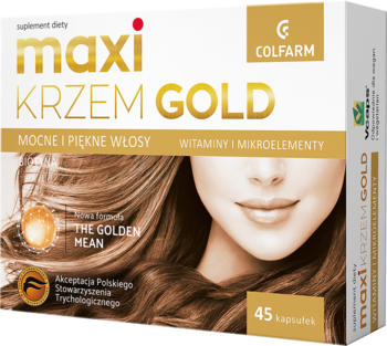 Złoto-białe opakowanie suplementu Maxi Krzem GOLD na mocne włosy, z wizerunkiem kobiety i 45 kapsułkami.