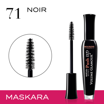 Czarny tusz do rzęs Bourjois Volume Glamour Push Up i zbliżenie na jego silikonową szczoteczkę.