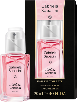 Gabriela Sabatini Miss Gabriela Night woda toaletowa, różowy flakon obok czarnego opakowania 20 ml, z przodu.