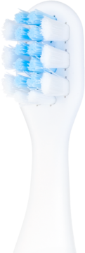 Końcówka sonicznej szczoteczki Vitammy SMILE, biała, z miękkimi, niebiesko-białymi włóknami. Widok z przodu.