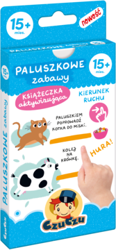 Niebieskie pudełko Czuczu Paluszkowe Zabawy 15+ mies., z rysunkami kota, krowy i dziecięcej dłoni.