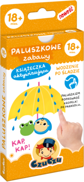 Pomarańczowe pudełko "Paluszkowe zabawy" Czuczu. Książeczka aktywna dla 18+ mies. do wodzenia palcem po śladzie deszczu.