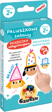 Książeczka aktywizująca Czuczu Paluszkowe Zabawy w niebieskim pudełku, dla dzieci 2+, rozwijająca precyzję dłoni, widok z przodu.