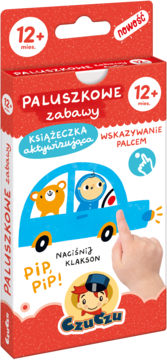 Czerwone opakowanie Czuczu Paluszkowe zabawy, książeczka aktywizująca dla 12+ miesięcy, z rysunkiem auta i ręki.
