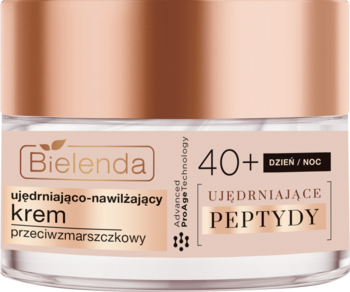 Bielenda 40+ Peptydy Ujędrniający Krem Przeciwzmarszczkowy w słoiczku z różowo-złotą nakrętką, widok z przodu.