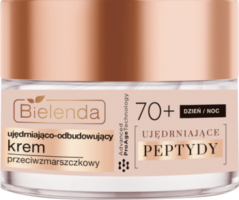 Bielenda 70+ krem przeciwzmarszczkowy z peptydami, białe opakowanie z różowo-złotą nakrętką, widok z przodu.