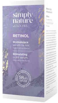 Serum Simply Nature by Clochee Retinol stymulujące na noc, w białym opakowaniu, widok z przodu pod kątem.