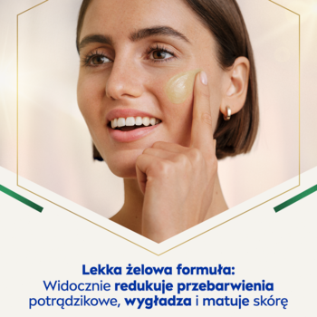 Kobieta aplikuje żelowe serum NIVEA Luminous 630 na policzek, redukujące przebarwienia i matujące.