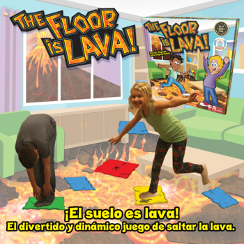 Dzieci grają w 'The Floor Is Lava!' w salonie, omijając lawę, skacząc po zielonych i żółtych matach, pudełko gry widoczne.