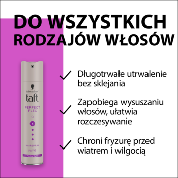 Lakier do włosów Taft Perfect Flex 4 w srebrnej butelce, do wszystkich rodzajów włosów, chroni przed wiatrem.