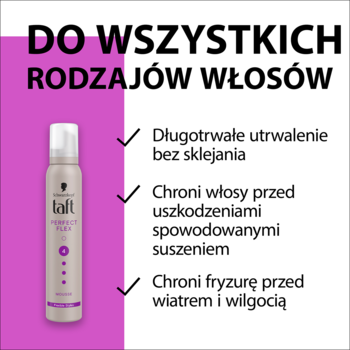 Butelka pianki Schwarzkopf Taft Perfect Flex. Szara z fioletowymi akcentami, widok z przodu. Długotrwałe utrwalenie, ochrona.