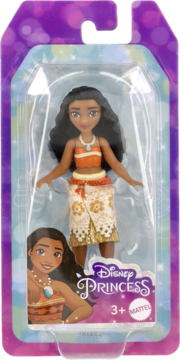 Lalka Moana w fioletowym opakowaniu Disney Princess Mattel, ciemne włosy, pomarańczowy top, kremowa spódnica.
