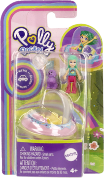 Zestaw Polly Pocket w blistrze: lalka z turkusowymi włosami, fioletowy piesek i różowe łóżko-muszla, widok z przodu.