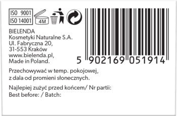 Tył etykiety kremu barierowego Bielenda, z kodem EAN, ikonami ISO, instrukcjami użytkowania i adresem producenta.