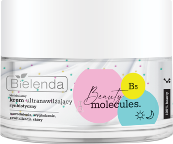 Bielenda Beauty Molecules, krem ultranawilżający z prowitaminą B5, w białym słoiku z kropkami, widok z przodu.