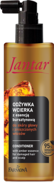 Złota butelka Jantar Odżywka Wcierka z bursztynową esencją, z czarną pompką, widok z przodu.