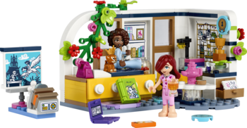 Widok na klocki LEGO Friends: przytulny pokój z dwoma minifigurkami. Jedna czyta na żółtym łóżku, druga podlewa.