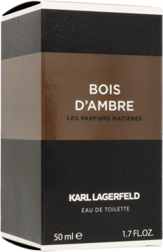 Bois D'Ambre Karl Lagerfeld męska woda toaletowa 50ml, czarno-brązowe opakowanie, widok z przodu.