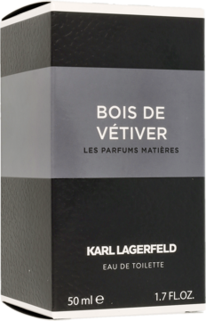 Karl Lagerfeld Bois de Vétiver woda toaletowa 50ml, czarne pudełko z szarym pasem, widok z przodu pod kątem.