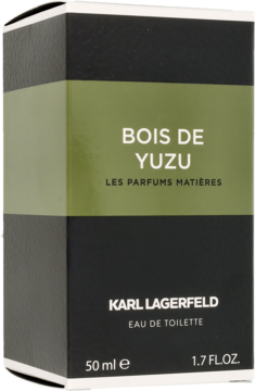 Czarne pudełko Karl Lagerfeld Bois De Yuzu EDT 50ml z oliwkowym pasem, widok z przodu pod kątem.
