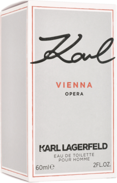 Pionowe pudełko męskiej wody toaletowej Karl Lagerfeld Vienna Opera, białe z czarnym napisem i czerwonym "Vienna".