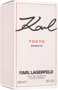 Karl Lagerfeld Tokyo Shibuya EDP dla kobiet, biało-różowe pudełko, napis Karl, widok z przodu pod kątem.
