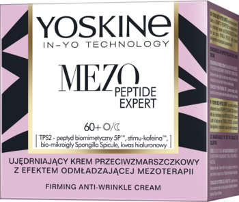 YOSKINE MEZO PEPTIDE EXPERT ujędrniający krem przeciwzmarszczkowy 60+ w biało-różowym pudełku, widok z przodu.
