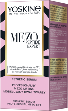 YOSKINE Mezo Peptide Expert Esthetic Serum, profesjonalny mezo-lifting, pionowe opakowanie z różowo-fioletowym tłem.