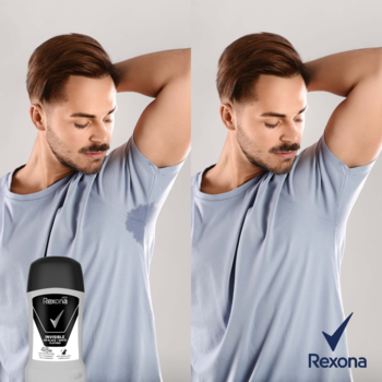 Rexona Men Invisible Black & White antyperspirant: przed i po, mężczyzna bez potu i plam na koszulce.