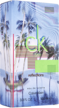 Calvin Klein CK One Reflections EDT 100ml. Pudełko z palmami i odbiciem w wodzie, niebiesko-białe tło, widok z przodu.