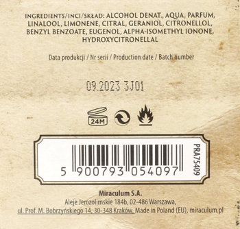 Tył beżowego opakowania perfum Miraculum z listą składników, datą produkcji i kodem kreskowym.