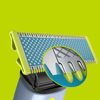 Zielono-niebieskie ostrze Philips OneBlade przeciw podrażnieniom z mikroszkłem. Zbliżenie głowicy tnącej.