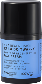 Krem do twarzy Power of Regeneration w niebieskiej butelce z czarną zakrętką, widok z przodu. Odżywia, zwalcza zmęczenie.