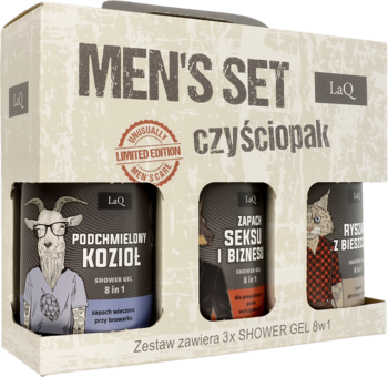 Zestaw LaQ Men's Set czyściopak: 3 żele pod prysznic 8w1 z rysunkowymi etykietami, w beżowym pudełku, widok frontalny.