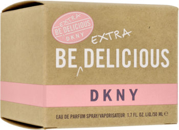 DKNY Be Delicious Extra EDP 50ml, beżowe pudełko z różowym paskiem i białymi literami, widok z przodu.