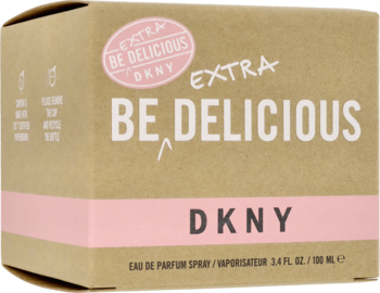 Opakowanie DKNY Be Delicious Extra EDP w beżowym kartonowym pudełku z różową etykietą i paskiem, widok z przodu.