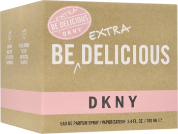 DKNY Be Extra Delicious woda perfumowana, brązowe pudełko z różowym paskiem i białymi napisami, widok z przodu.