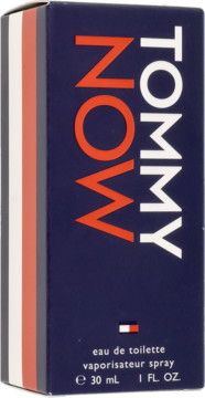 Tommy Now męska woda toaletowa 30ml w granatowym kartoniku z czerwono-białymi pasami, widok z przodu.